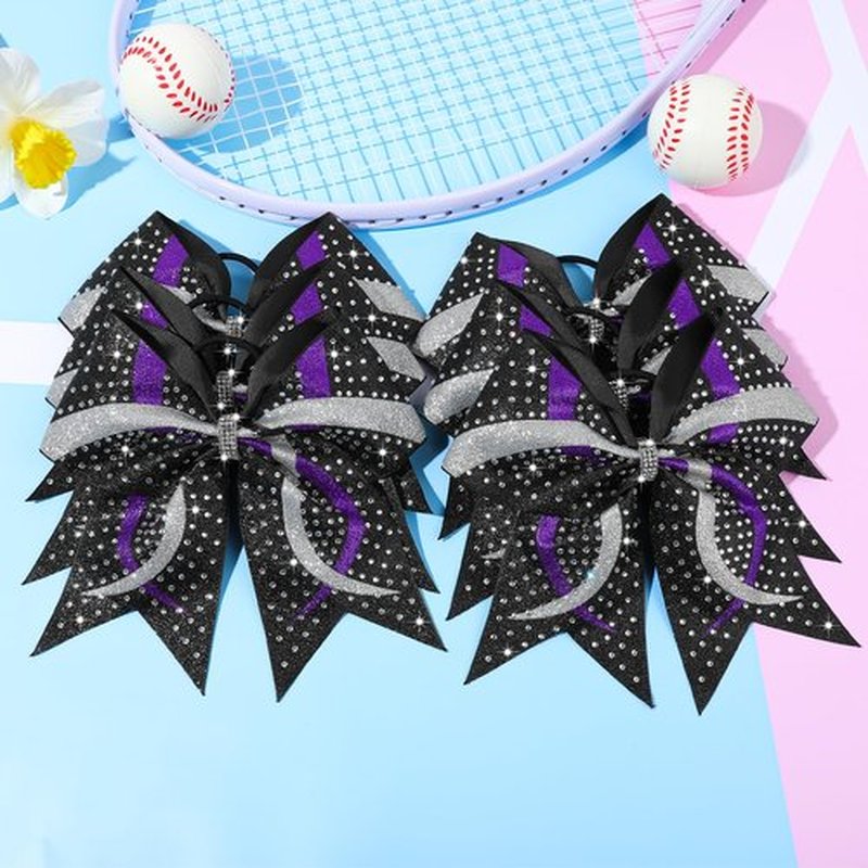 6PCS Full Glitter Rhinestone Cheer Bows Criss Cross Stiff Competition Large Cheerleading Hair Bows Elastic Band for Cheerleaders Girls -Black/Purple/Silver