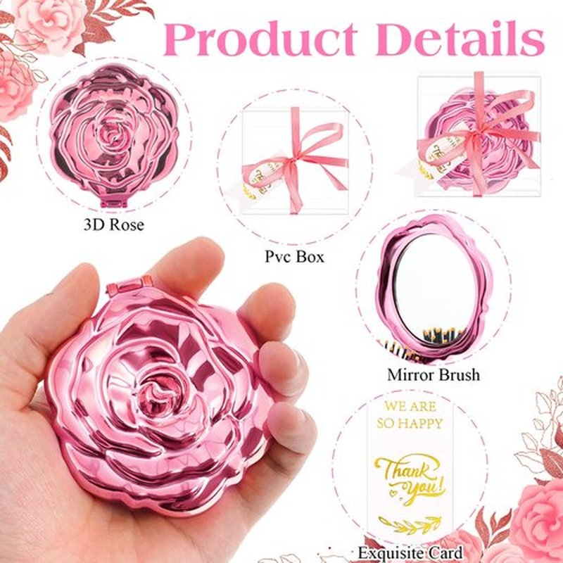 12 Set Rose Compact Pocket Mirror Brush Bulk Galentines Quinceanera Party Favors for Guests Including Rose Pocket Mirror Thank You Tags Clear Boxes with Ribbon for Wedding Bridal Shower Souvenir Gifts