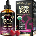 Liquid Iron Supplement for Women 18 mg - USDA Organic Drops - with Folate, Vitamin B12 & B6 - Iron Level & Energy Support - Gentle & High Absorption Glycinate Form - Cherry Flavor, Sugar-Free, 4 fl oz