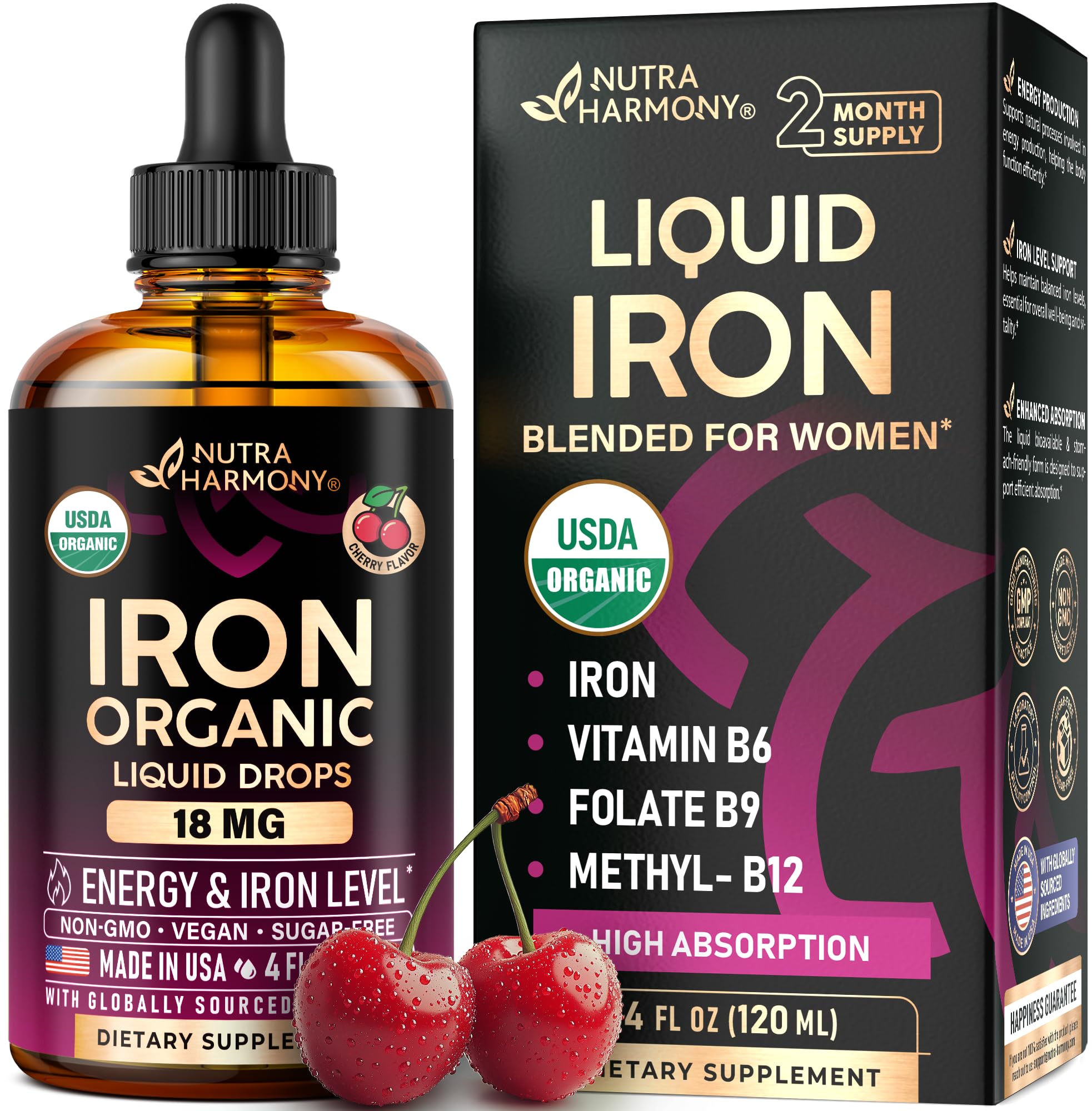 Liquid Iron Supplement for Women 18 mg - USDA Organic Drops - with Folate, Vitamin B12 & B6 - Iron Level & Energy Support - Gentle & High Absorption Glycinate Form - Cherry Flavor, Sugar-Free, 4 fl oz
