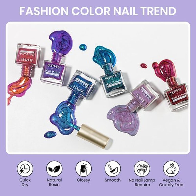 SUPWEE Cat Eye Nail Polish Set, Quick Dry Magnetic Nail Polish Non Gel with Magnet, Multi-Color Holographic Glitter Cateye Nail Lacquer High Glossy DIY Salon Gift for Women Girl