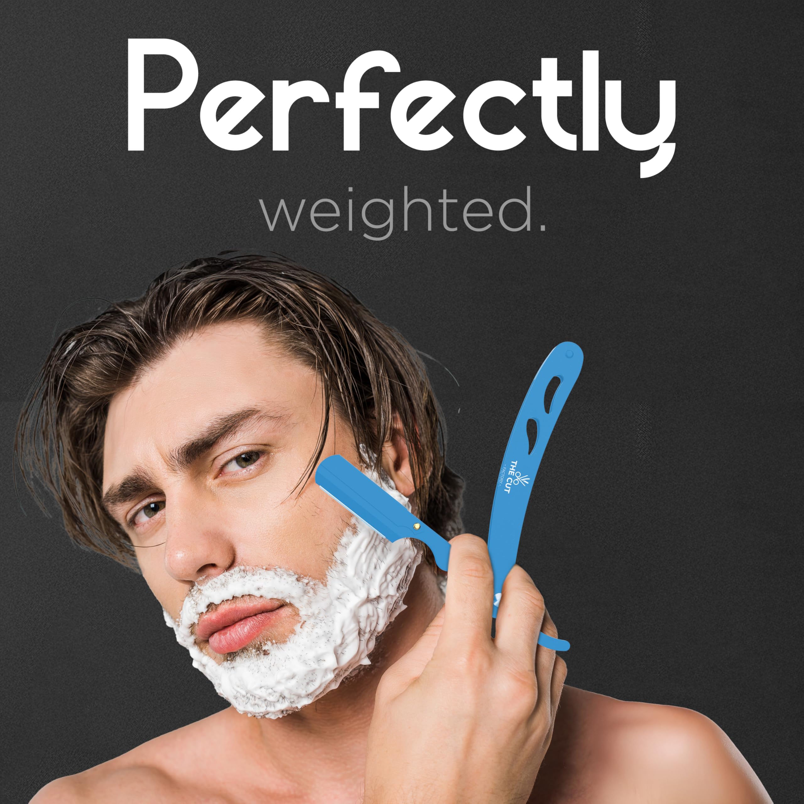 The Cut- Factory- Straight Razor with 20 Pack Platinum Treet Single Blade Razors for Men- Professional Barber Straight Edge Razor for Close Shaving 100 Percent Stainless Steel, Blue