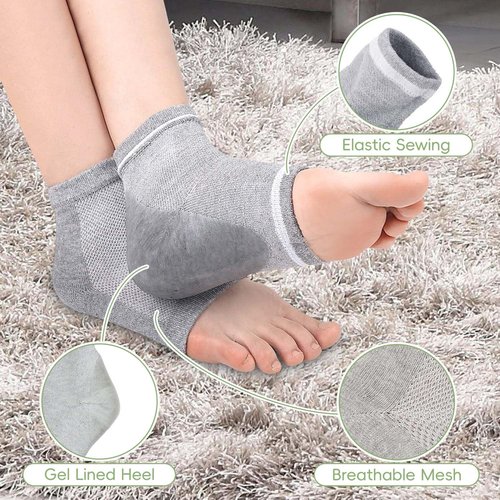 HATINXIA 2 Pairs Moisturizing Socks, Heel Socks for Cracked Heel Repair Treatment, Silicone Gel Toeless Socks, Foot Care Socks for Dry Cracked Feet Women, Lotion Moisture Pedicure Socks (Skin+Grey)