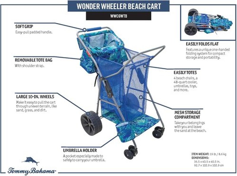 Tommy Bahama Beach Cart - Deluxe Folding Caddy for Towels & Accessories | Holds 48-Quart Cooler & 4 Chairs - Blue