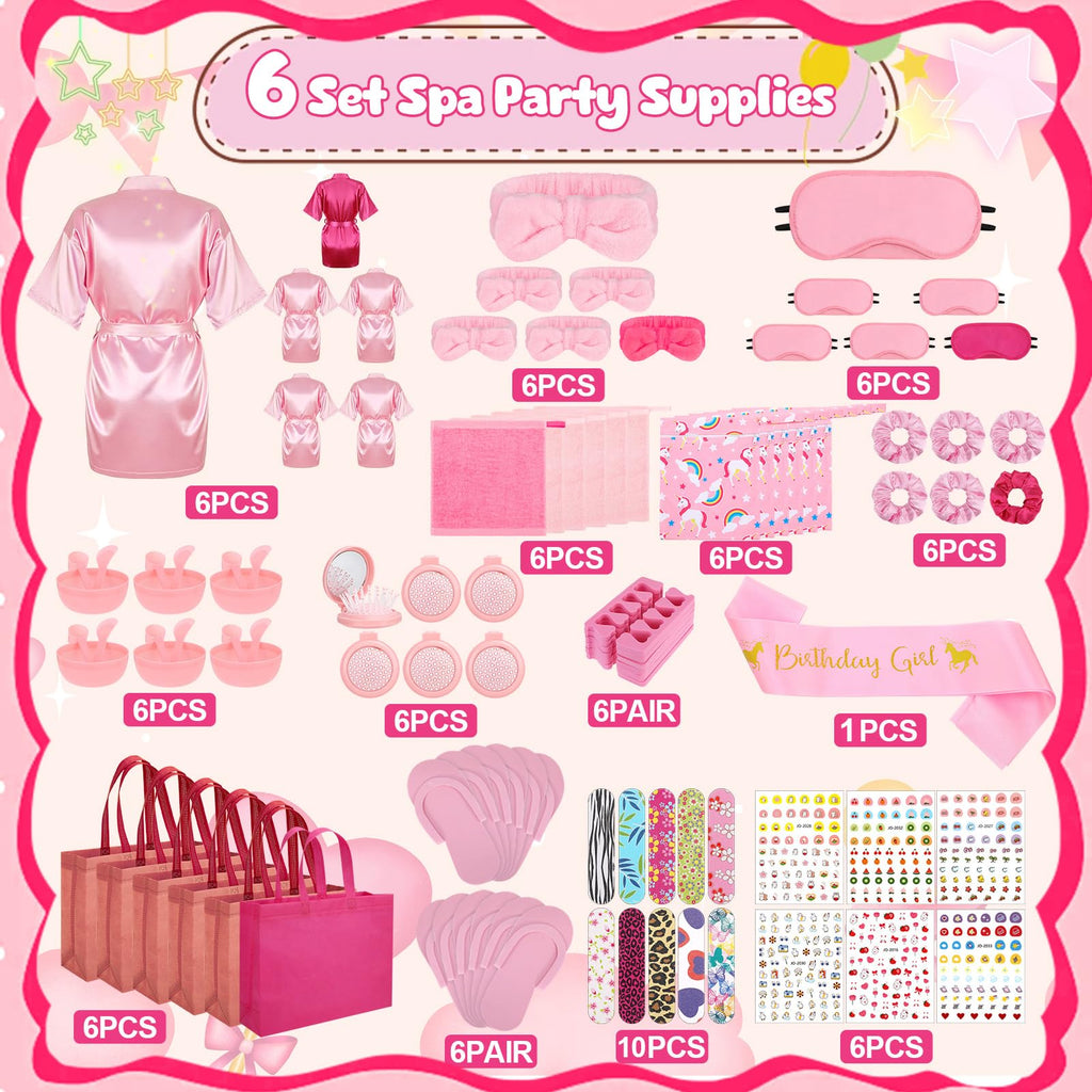 ZhouBoat 6 Set Girls Spa Party Supplies Kit 83 PCS Includes Satin Robes Headbands Slippers Nail Kit Masks Towel Brush Set for Birthday Sleepover Pink, Hot Pink Birthday Theme