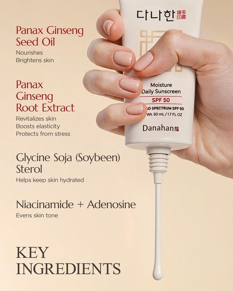 Danahan Moisture Daily Sunscreen SPF 50 Broad Spectrum – No White Cast, Lightweight Korean Face Sunscreen | Hybrid UV Protection with Ginseng & Niacinamide, 1.7 oz