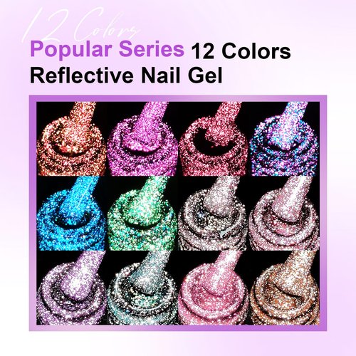 Four Lily Reflective Glitter Gel Polish 12 Colors Sparkle Gel Nail Polish Set Diamond Shine Pink Purple Red Holographic Glitter Gel Soak off Uv LED Manicure Gifts for Women