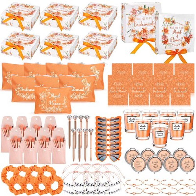 Nuogo 88 Pcs 8 Sets Bridesmaid Proposal Gift Wedding Bridesmaid Box Set Maid of Honor Gift Include Box Candle Invited Cards Scrunchies Hair Elastics Ties Knotted Bracelets Diamond Pens(Orange,Pretty)
