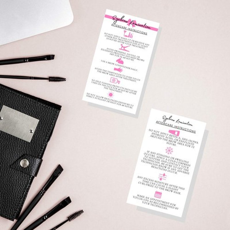 Brow Lamination Aftercare Instruction Cards | 50 Pack | 2x3.5” inches Business Card Size | Starter Lift Kit with Tint at home diy aftercare supplies | White with Pink Design