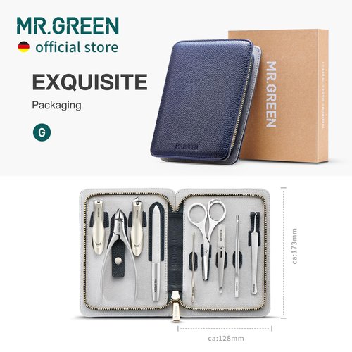 MR.GREEN Innate Luxury Manicure Set Surgical Grade Scissors Stainless nail clipper Kit full grain cow leather package Pedicure (9 in 1 Manicure Set)