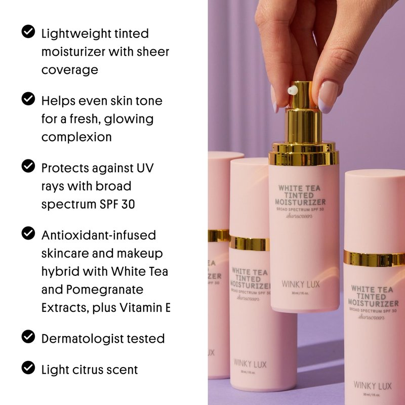 Winky Lux White Tea Tinted Moisturizer SPF 30 - Buildable Coverage with Facial SPF, Lightweight Sunscreen for Face, Naturally Radiant Finish, Long Lasting Coverage with Vitamin E, Light