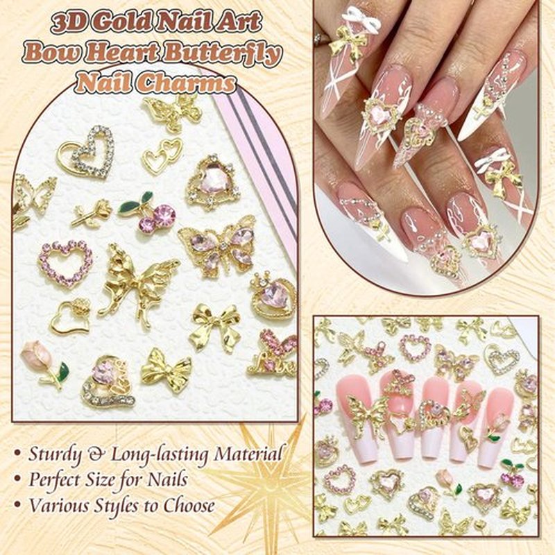 BELICEY 90Pcs Pink Heart Bows Nail Art Charms Gold 3D Assorted Bow Heart Cherry Charms for Nails Butterfly Nail Decoration Y2k Pink Nail Jewelry Gems for DIY Nail Art Design Crafts