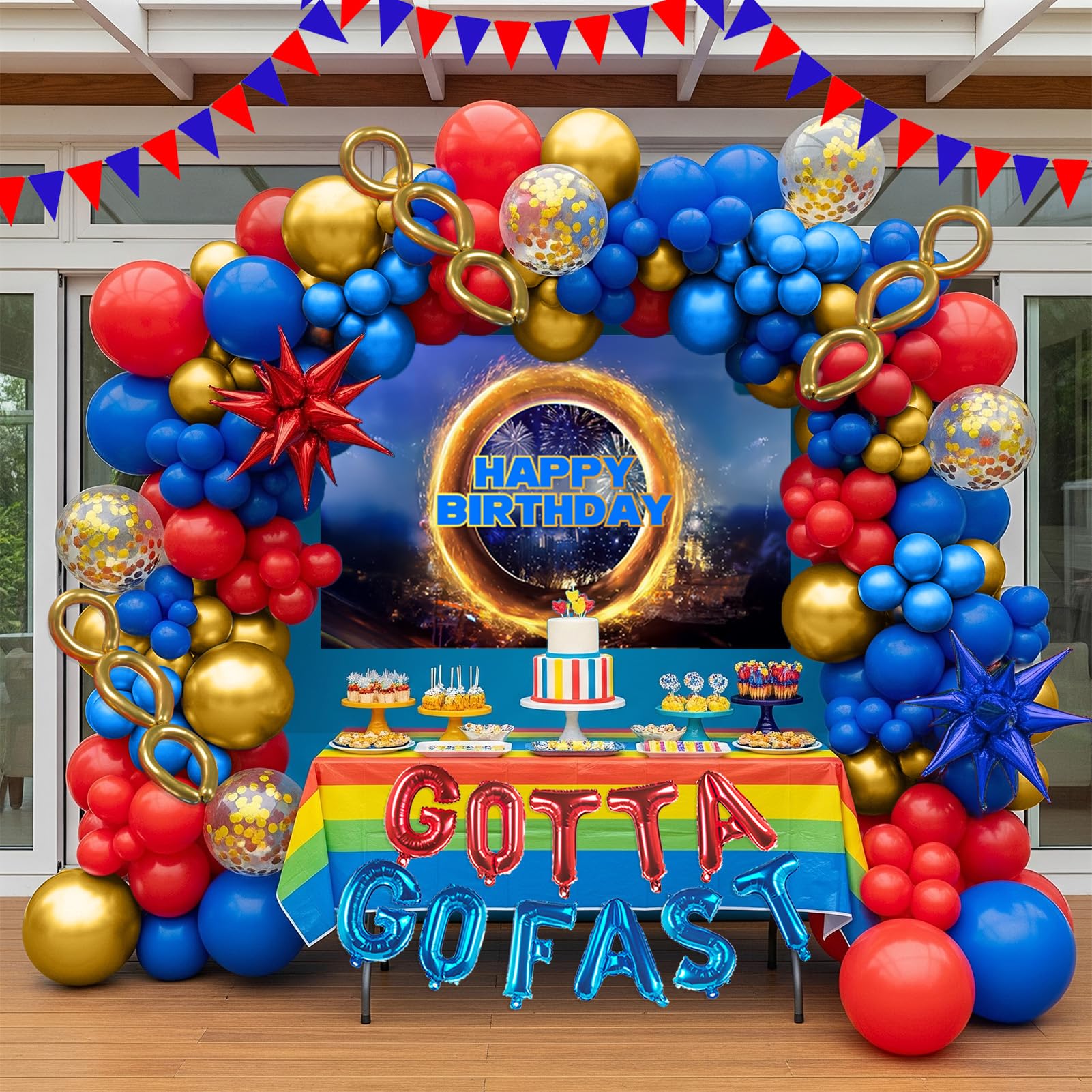 Red Blue Gold Hedgehog Birthday Party Decorations with Letter Lightning foil balloons Banner background backdrop for kid video game Cartoon Movies Super hero themed birthday gamer party decor