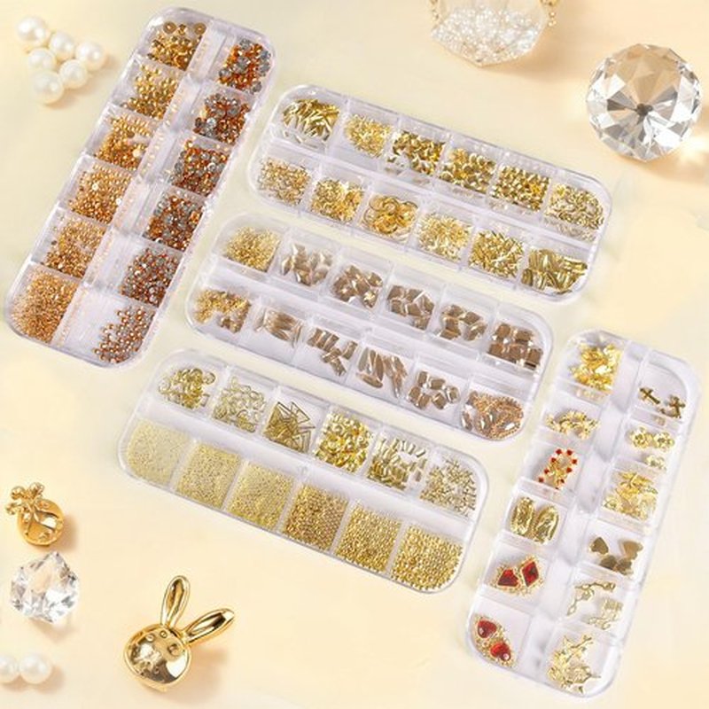 SIUSIO Gold Nail Charms and Gems Kit, 5 Boxes Metallic Nail Art Gems Flatback Crystal Champagne Rhinestones Gold Caviar Beads 3D Cross Stars Rose Hearts Virgin Mary Bow Gemstones for Nails Manicure