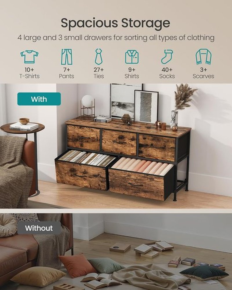 SONGMICS Dresser - 5-Drawer Storage Organizer Unit in Rustic Brown & Ink Black | Stylish Bedroom Chest