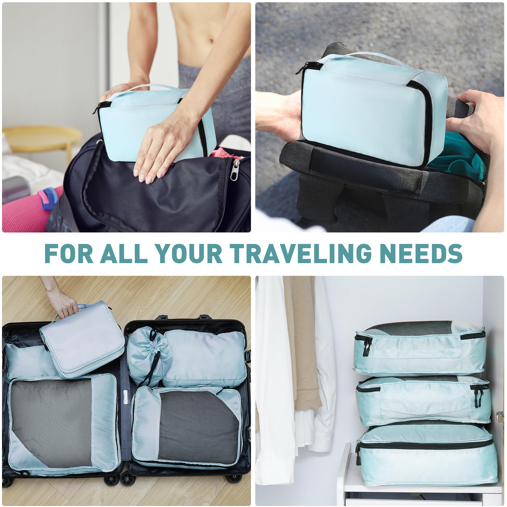 Toncoke 8-Piece Packing Cubes for Travel, 2026 Upgraded Durable Zippers & Reinforced Mesh, Complete Luggage Organizer Set with Shoe/Toiletry/Laundry Bags, 4 Sizes for Suitcase, Men Women, Lake Blue