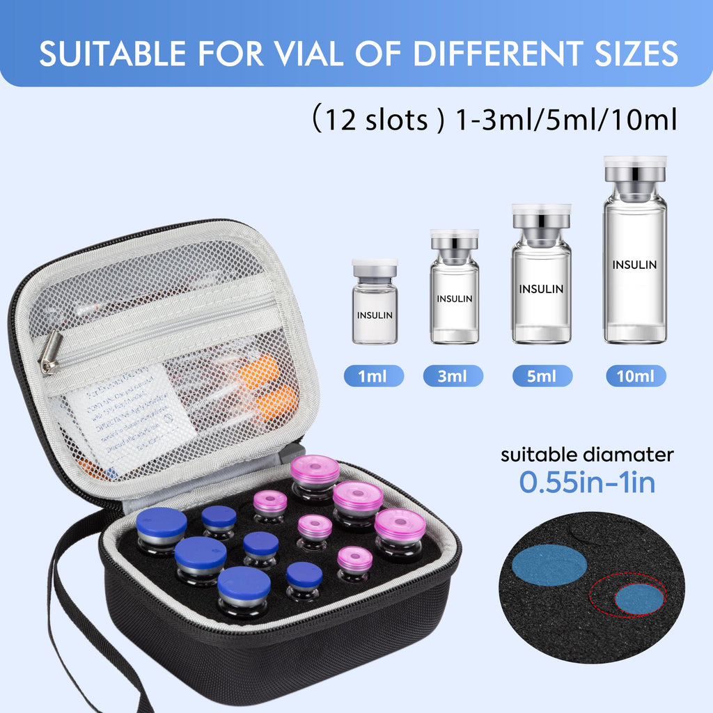 Vamctry Peptide Case for Fridge, 12 Slots Insulin Vial Protector Organizer Bag, Peptide Vial Storage Case for 1ml 3ml 5ml 10ml Vials, Diabetes Insulin Carrying Case