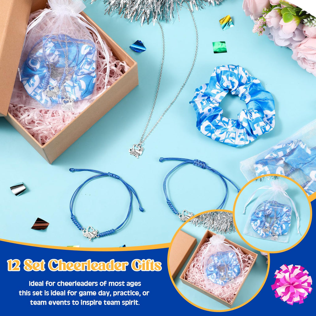 Equsion 12 Set Cheerleader Gifts Bulk Include Cheer Necklace, Cheerleading Adjustable Bracelet, Hair Ties and Organza Bag 12 each, Cheer Accessories for Team Women Teammates(Blue)