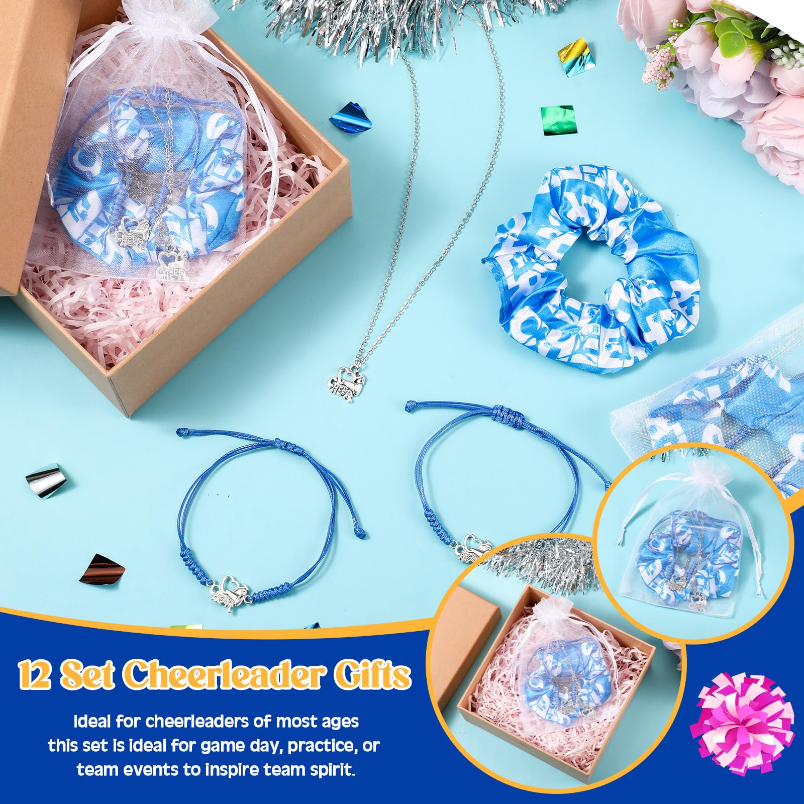 Equsion 12 Set Cheerleader Gifts Bulk Include Cheer Necklace, Cheerleading Adjustable Bracelet, Hair Ties and Organza Bag 12 each, Cheer Accessories for Team Women Teammates(Blue)
