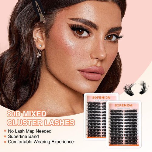 SOFENIDA Lash Clusters 80D Cluster Eyelash Extensions 8-16mm Cat Eye Wispy Eyelash Clusters 12 Pairs D Curvature Eyelash Clusters Left & Right Diy Lash Extension at Home