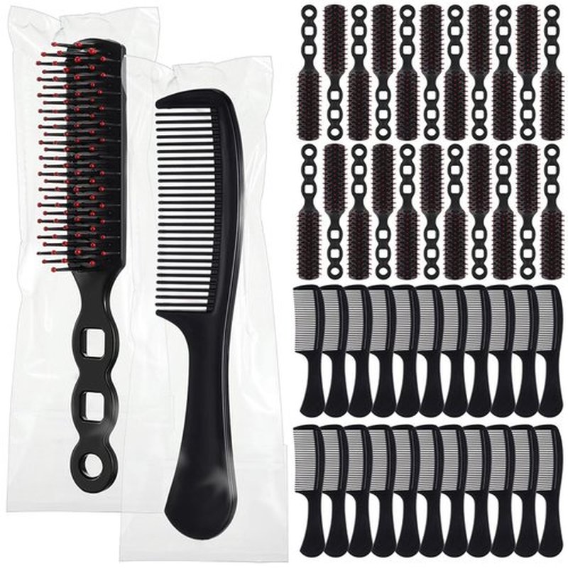 SiliFine 96 Pcs Bulk Hair Brush Combs for Homeless Individually Wrapped Hair Brush and Comb Set for Women Hotel Nursing Charity Travel(Black)
