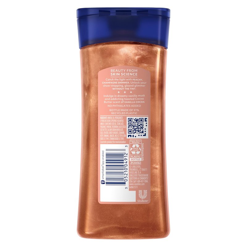 Vaseline Glazed and Glisten Sunlit Glow Body Gel Oil Vanilla Cocoa Shimmering with Ultra-Hydrating Lipids and 100% Pure Cocoa Butter, 6.8 Oz