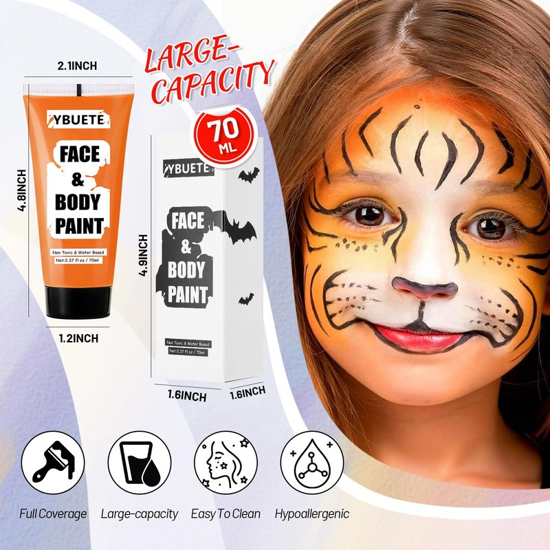 YBUETE Orange Water Based Face Body Paint, 2.37 OZ Large Tube Full Coverage Face Paint for Tiger Pumpkin Cosplay, Washable Orange Body Painting Cream for Adult Carnival Halloween SFX Makeup
