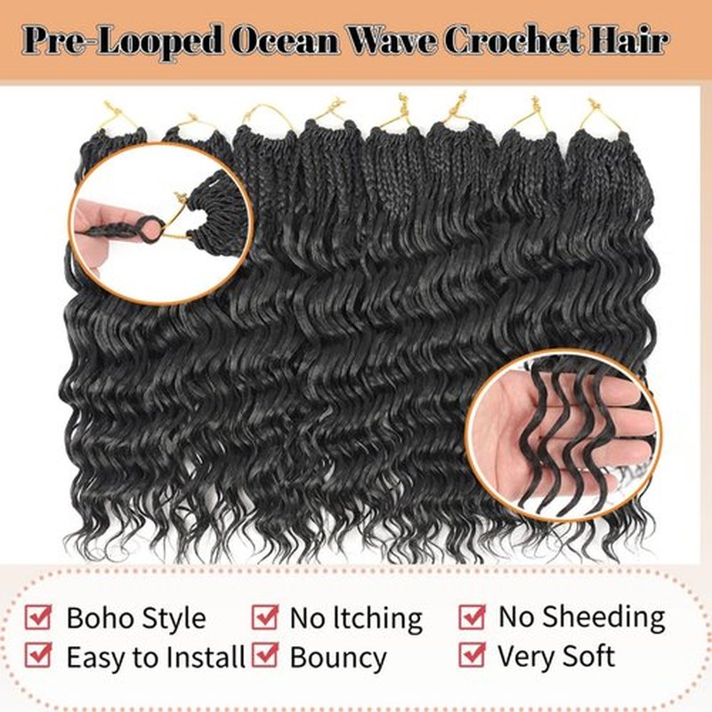 pojui 18 Inch Ocean Wave Crochet Hair 8 Packs - Synthetic Pre-Looped Deep Wavy Curly Braiding Hair for Black Women, Boho Style Hair Extensions (18inch,1B - 8 Packs)