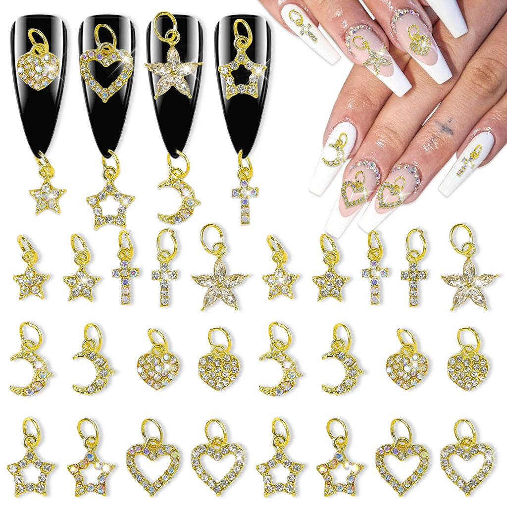 Wokoto 26pcs Mix Design Dangle Nail Charms - 3D Jewelry Flat Back Heart Star Cross Moon Nail Art Charms Rhinestones