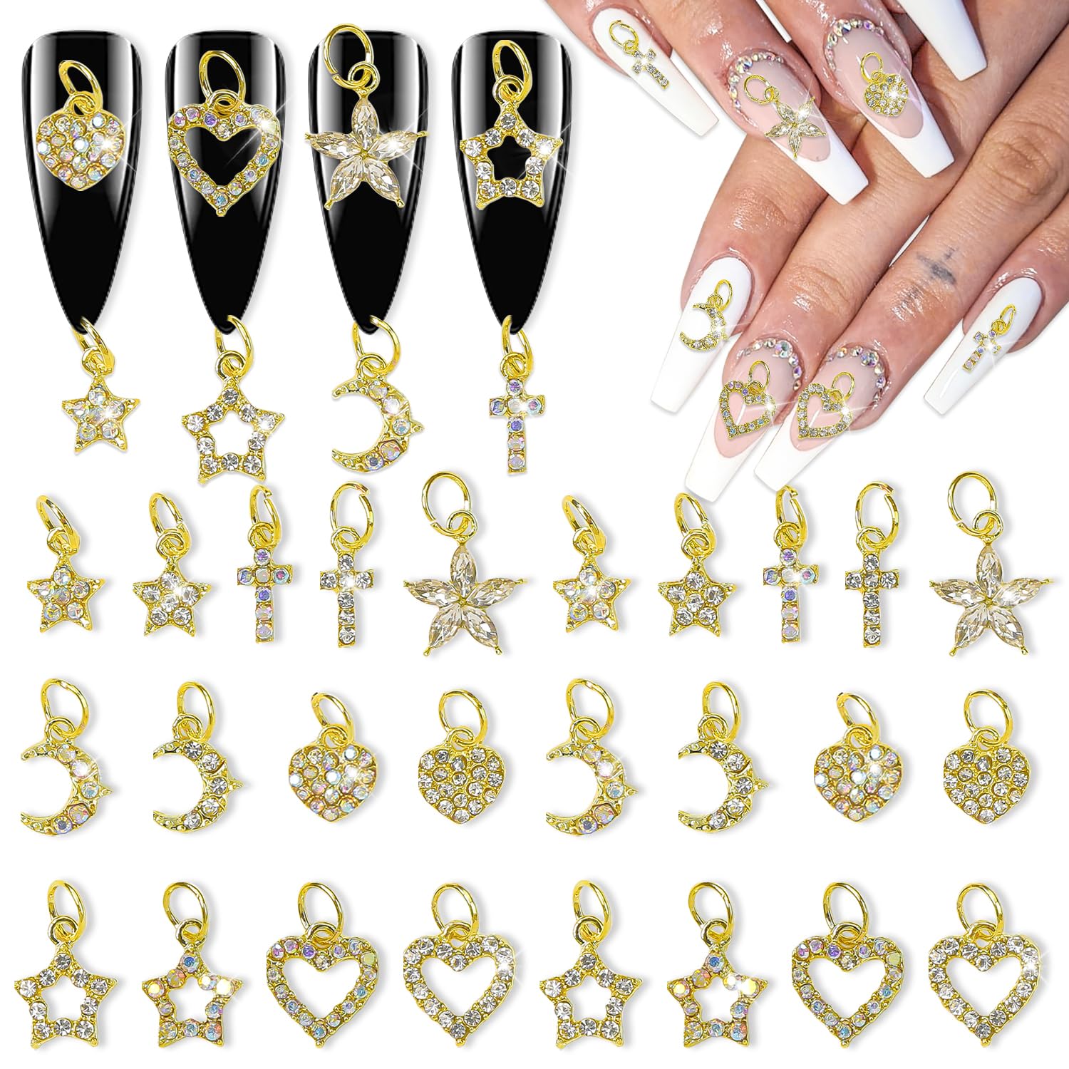 Wokoto 26pcs Mix Design Dangle Nail Charms - 3D Jewelry Flat Back Heart Star Cross Moon Nail Art Charms Rhinestones