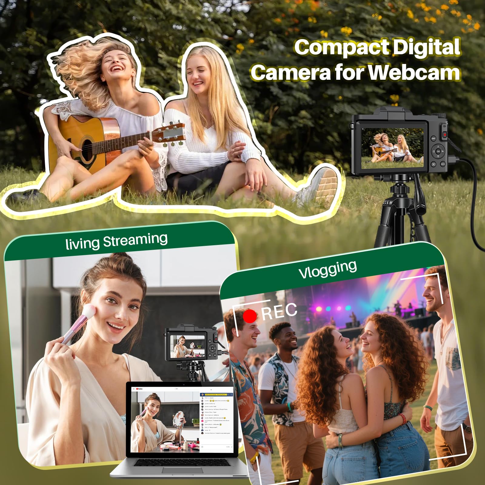 4K Digital Camera for Photography, 16X Zoom Autofocus 64MP WiFi Compact Travel Camera, Vlogging Camera for YouTube, 3'' 180° Flip Screen for Beginners&Boys&Girls, 2 Batteries, 32GB Card, Black