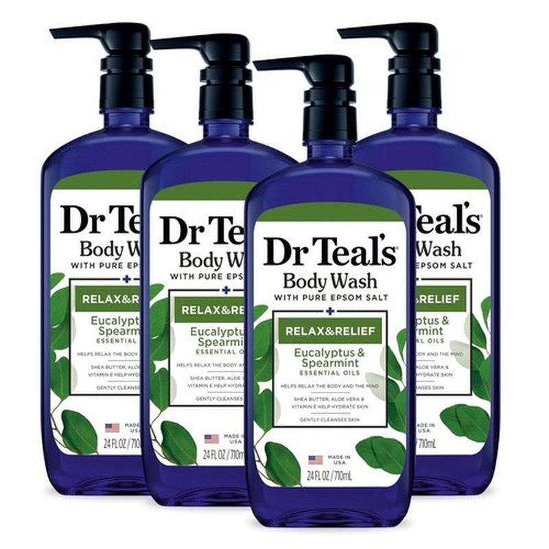 Dr Teal's Body Wash - Relax & Relief with Pure Epsom Salt, Eucalyptus & Spearmint | 24 fl oz (Pack of 4)