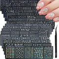 90 Sheets Silver Nail Art Stickers Holographic Laser Silver Nail Decals 3D Self Adhesive Nail Stickers for Nail Art Designs Star Line Flower Nails Supplies for Women Nail Decoration with Nail Tweezer