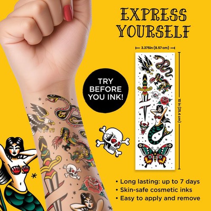 Savvi - 18 American Traditional Temporary Tattoos: Skin-Safe Ink, Great for Parties and Everyday Wear,Gifts for Teens and Adults, Made in the USA [2 sheets, 18 count]