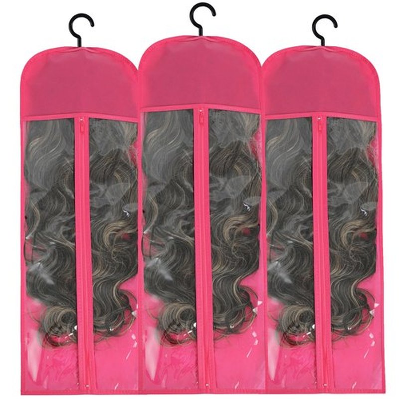 AIFIHIYI Hair Extension Holder 3Pcs Wig Storage Bags with Hanger, Wig Holder Wig Storage for Multiple Wigs, Breathable Dust-proof Extra Long Wig Bags for Hair Extensions & Accessories (Hot Pink)