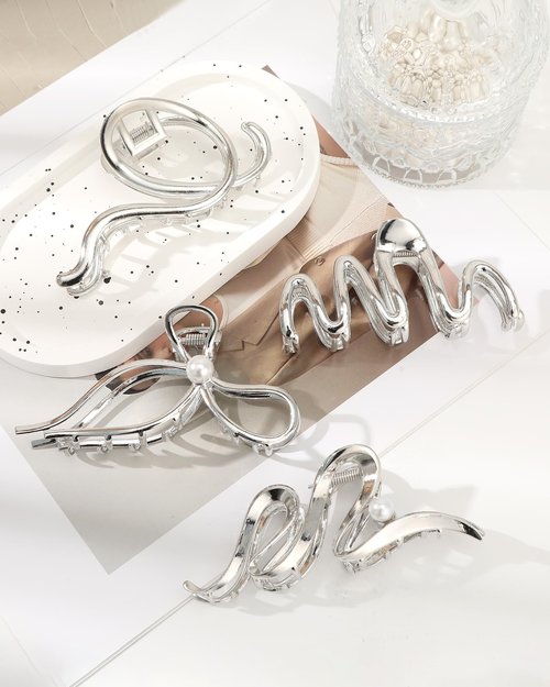 HAIMEIKANG 4 PCs Metal Hair Claw Clips - Irregular Large Clips for Women, Non-Slip Styling Accessories for Thick and Thin Hair (Silver)