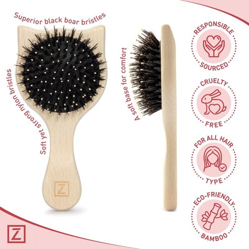 Natural Boar Bristle Hair Brush Cat shape, mini size, portable, easy carry for Women, Men, Kids; Dry and Wet Detangling Hair Brush Gently Enhances Shine, for Fine and Straight, Thick and Curly Hair