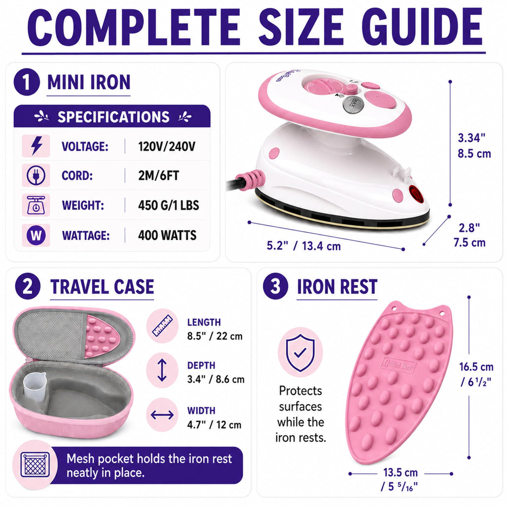 The Quilted Bear Premium Mini Steam Iron for Quilting and Travel, Pink