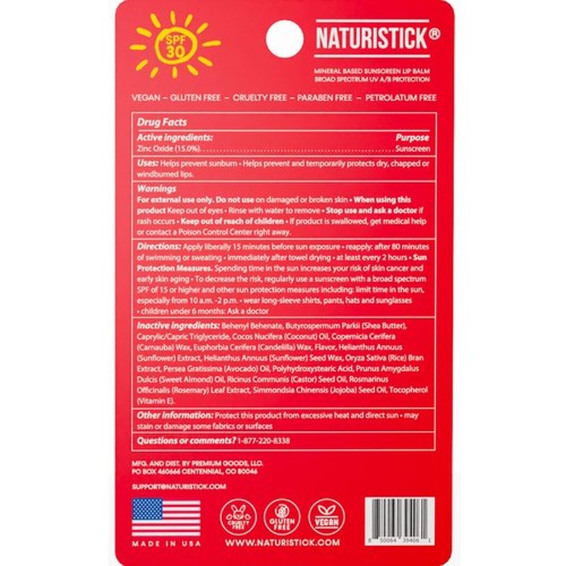 Naturistick UV Pro® Mineral SPF 30 Lip Balm – Cherry (5-Pack), Broad Spectrum Sun Protection