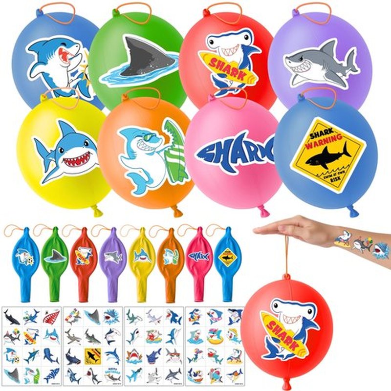 72 PCS Shark Party Favors – 48 Pre-Cut Temporary Tattoos & 24 Shark Punch Balloons Themed Birthday Party Decorations Supplies Favors Gifts Goodie Bag Fillers Classroom Rewards for Boys Girls