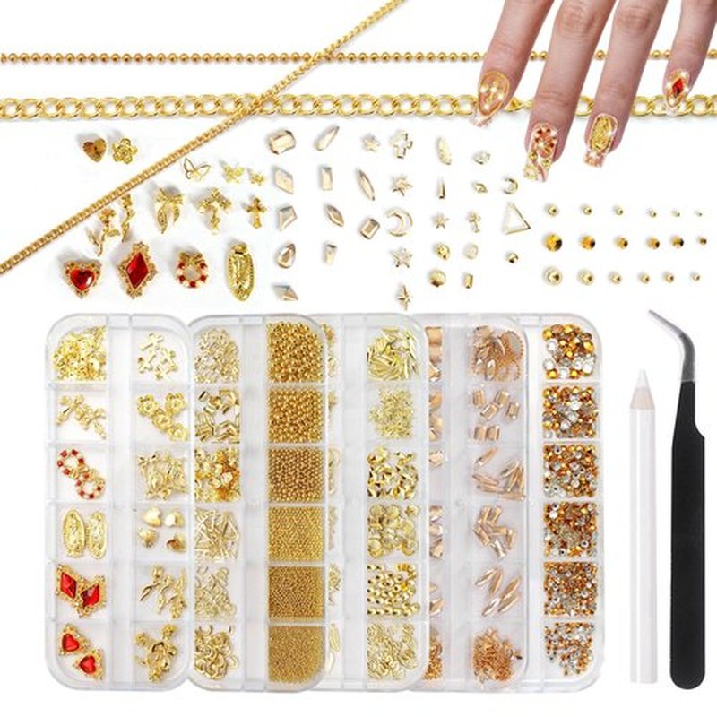 SIUSIO Gold Nail Charms and Gems Kit, 5 Boxes Metallic Nail Art Gems Flatback Crystal Champagne Rhinestones Gold Caviar Beads 3D Cross Stars Rose Hearts Virgin Mary Bow Gemstones for Nails Manicure