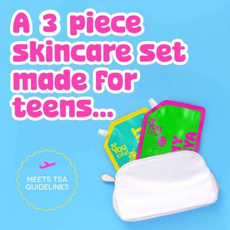 BeYoutiful 3 Step Teen Skin Care Kit, Easter Gifts for Kids, Face Wash Scrub Moisturizer Lotion, Skincare Gift Set for Tweens Kids in Trendy Pouches, Vegan, Easter Basket Stuffers