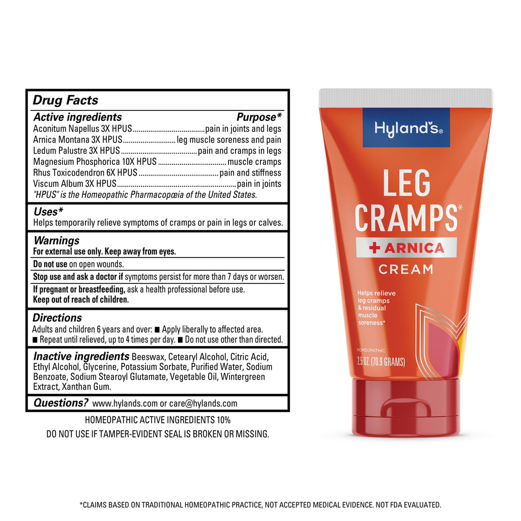 Hyland's Leg Cramps + Arnica Cream Pain Relief Ointment, Natural Relief of Calf, Leg and Foot Cramp, 2.5 oz