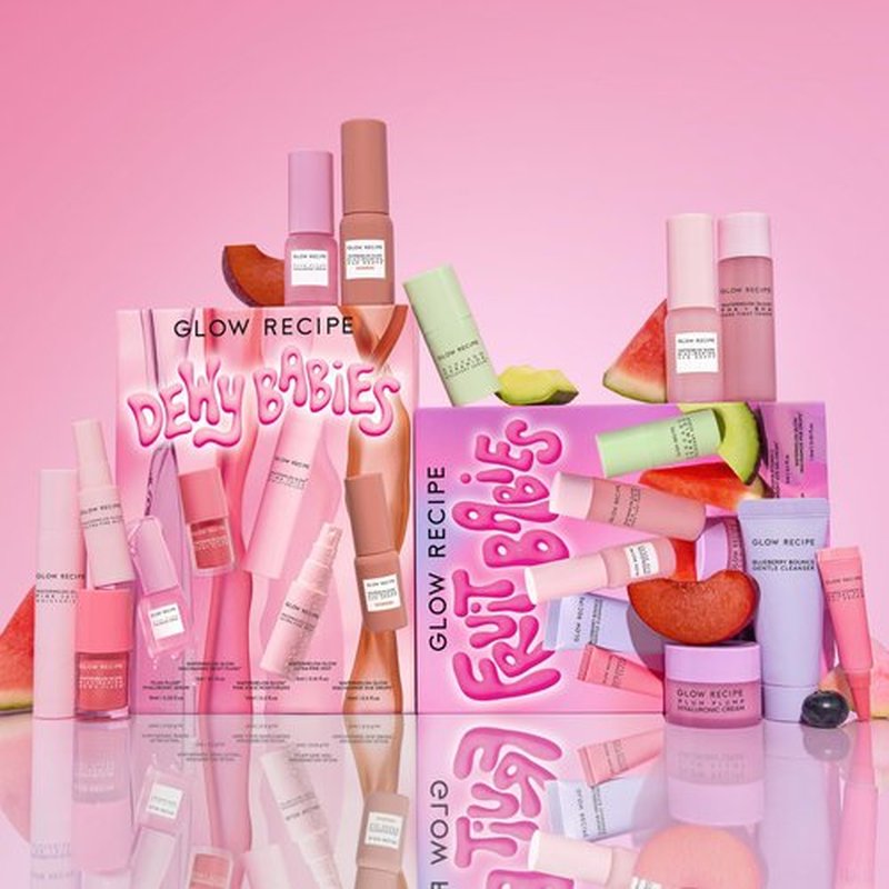 Glow Recipe Dewy Babies Travel Skincare Set - Plum Plump Hyaluronic Acid Serum + Dewy Flush Tinted Blush Drops + Pink Juice Face Moisturizer + Bronzing Hue Drops + Ultra Fine Facial Mist (5 Count)