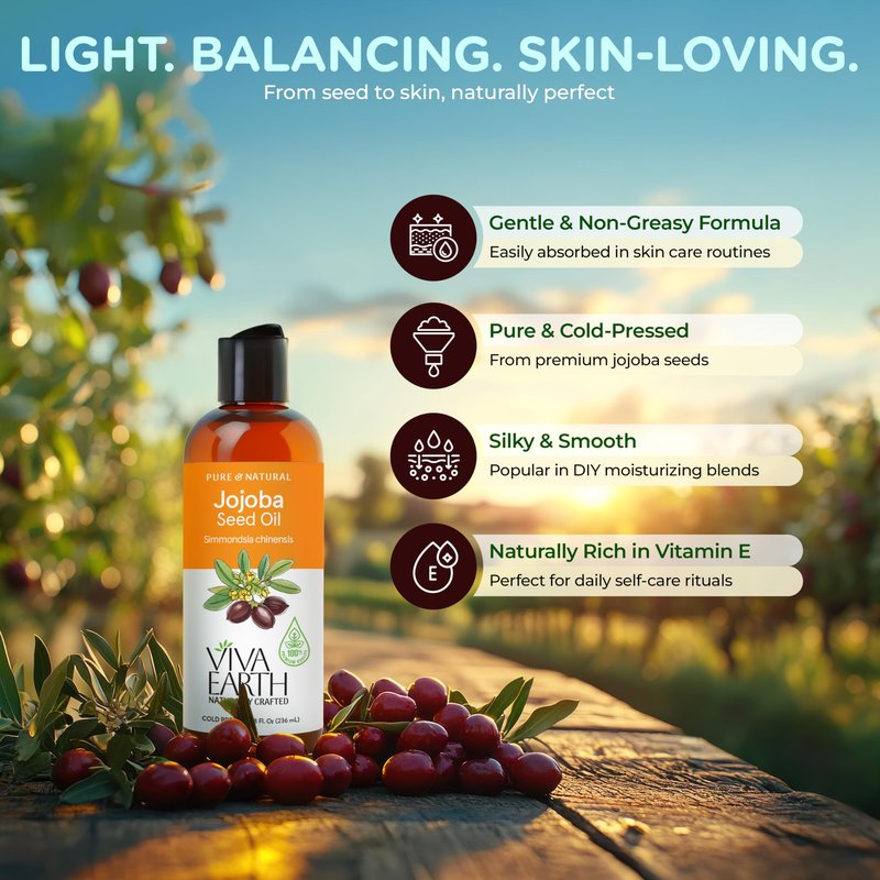 Viva Earth Jojoba Oil – 100% Pure and Natural Cold Pressed Jojoba Oil for Hair Growth, Skin, Beard, Body, Cuticles, and DIY Carrier Blends – Lightweight, Fast-Absorbing Cosmetic Oil, 8 oz