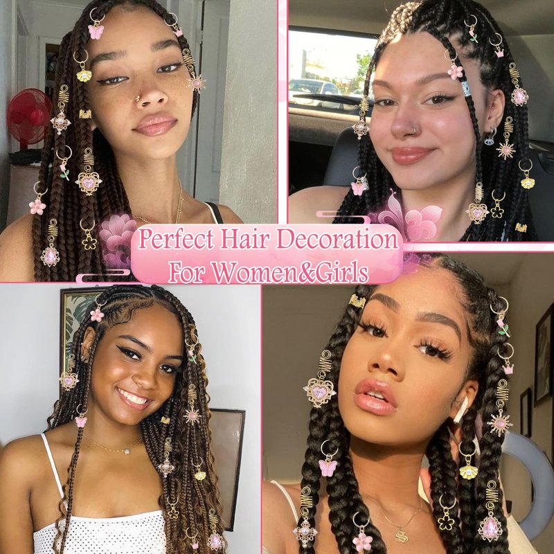 VENOFEN 36PCS Pink Crystal Hair Jewelry Butterfly Braids Clips Flower Loc Jewelry Pearl Hair Charms Gold Hair Cuffs Rings Valentine's Day Braids Accessories for Women and Girls