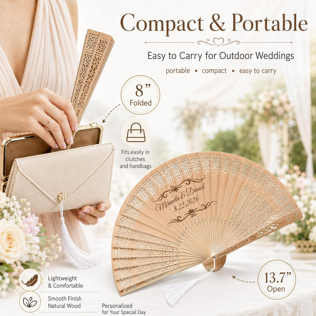 Personalized Wedding Fans for Guests, Custom Wooden Folding Hand Fans Bulk, Engraved Sandalwood Handheld Fans with Organza Bags & Tassels, Party, Bridal & Birthday Shower Favors (50PCS)