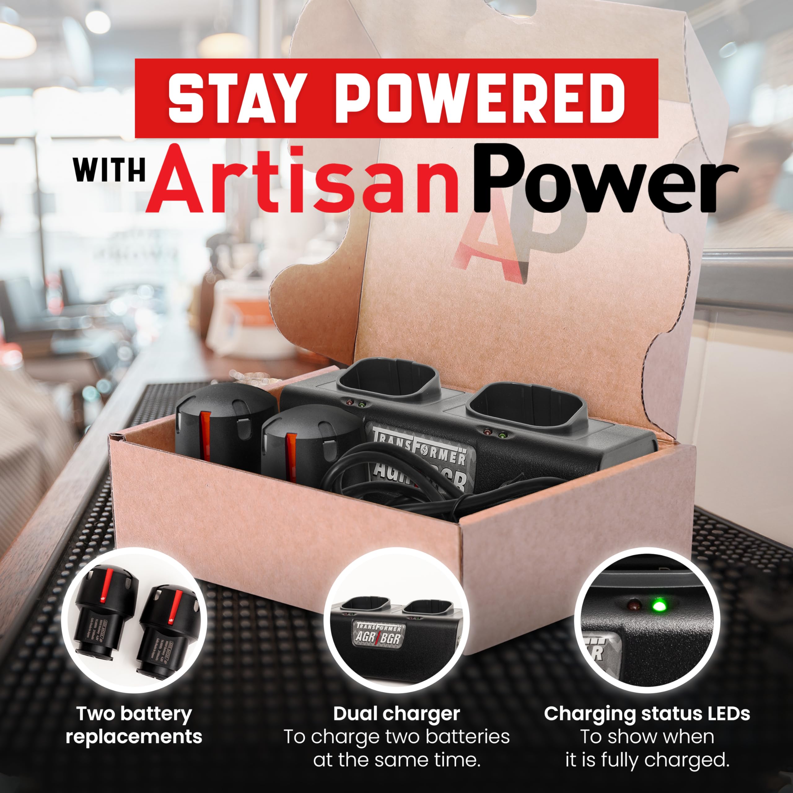 Artisan Power Double Charger and Two Replacement Batteries | Best for Andis PowerGroom AGR+ and BGR+ Series Clippers | NiMH Rechargeable Battery Pack | 2100 mAh - 27% Higher Than the OEM Batteries