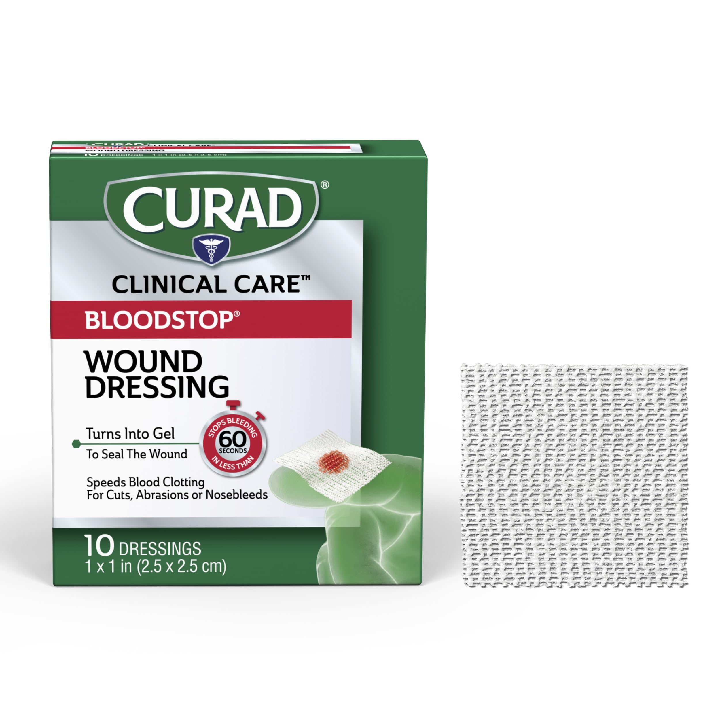 CURAD BloodStop® Wound Dressing | 1” x 1” | Hemostatic Gauze Helps Stop Bleeding Quickly | For Cuts, Abrasions or Nosebleeds | 10 Count