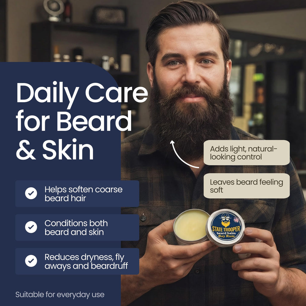 State Trooper Beard Balm (2 oz Tin) – All Natural Leave-In Beard Conditioner & Softener for Men – Bay Rum – Infused with Shea Butter, Argan & Jojoba Oils for Healthy, Tamed Beards